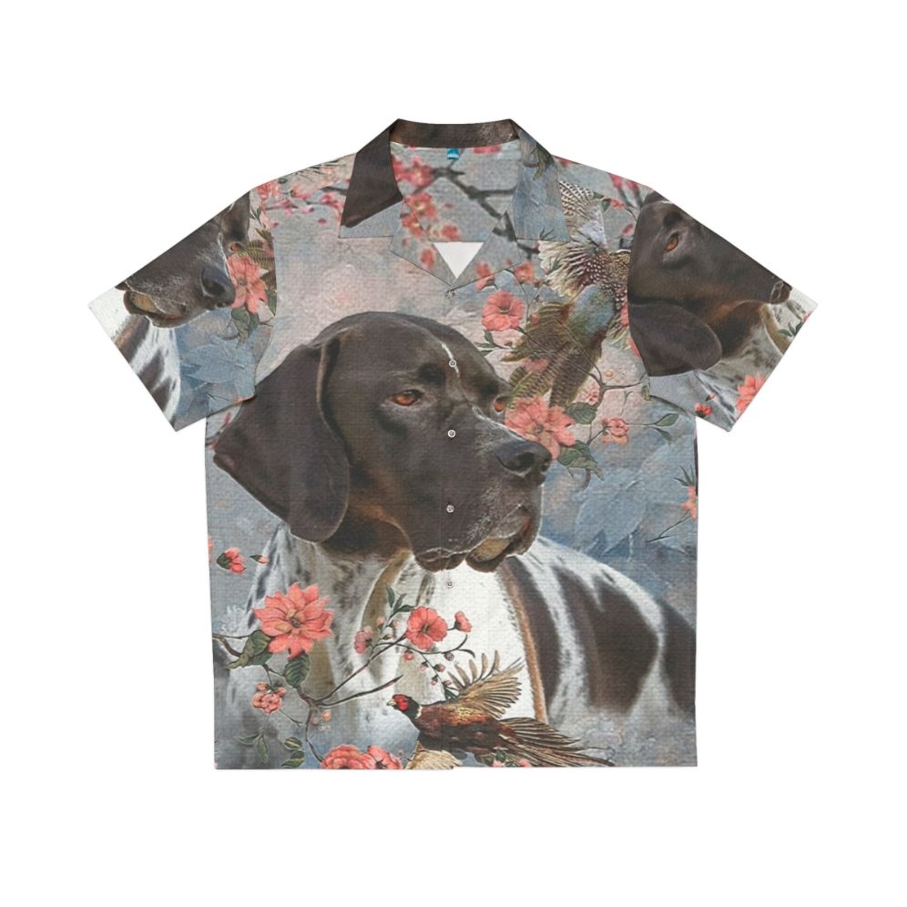 Pointer dog wearing a Hawaiian shirt with a floral and pheasant design