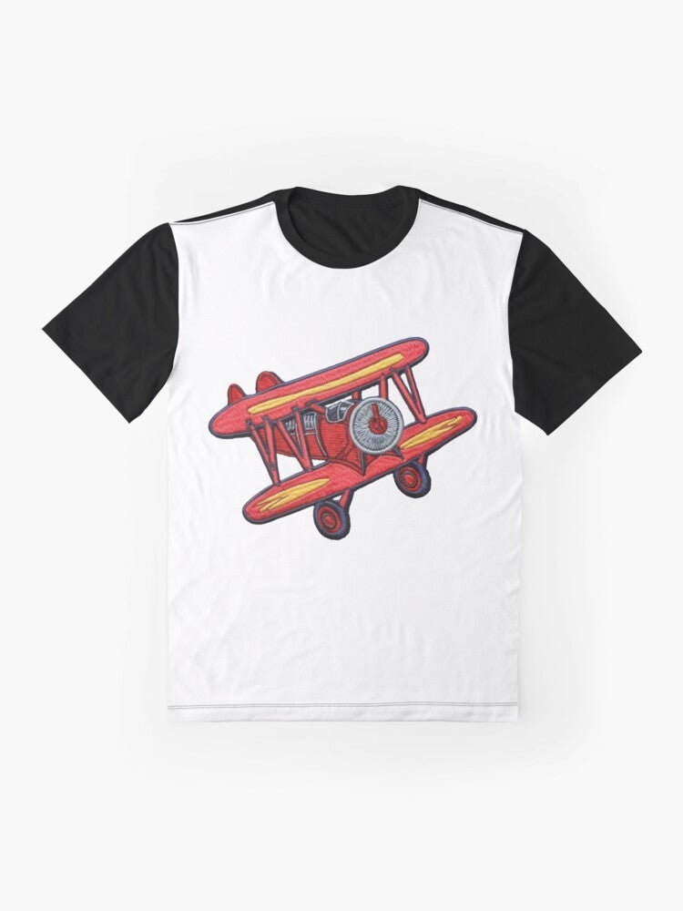 Embroidered airplane graphic t-shirt featuring a crop duster plane and pilot's patch design - Flat lay