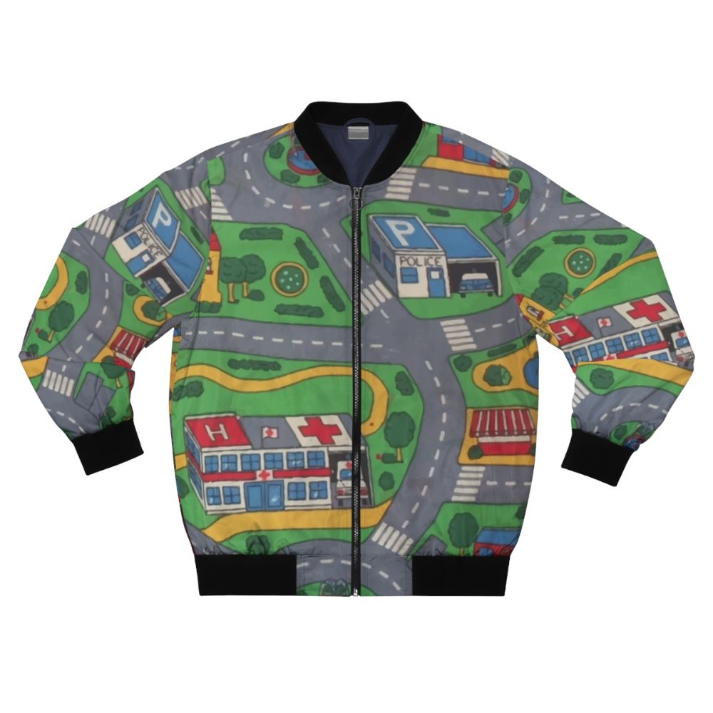Retro playmat bomber jacket with childhood gaming nostalgia