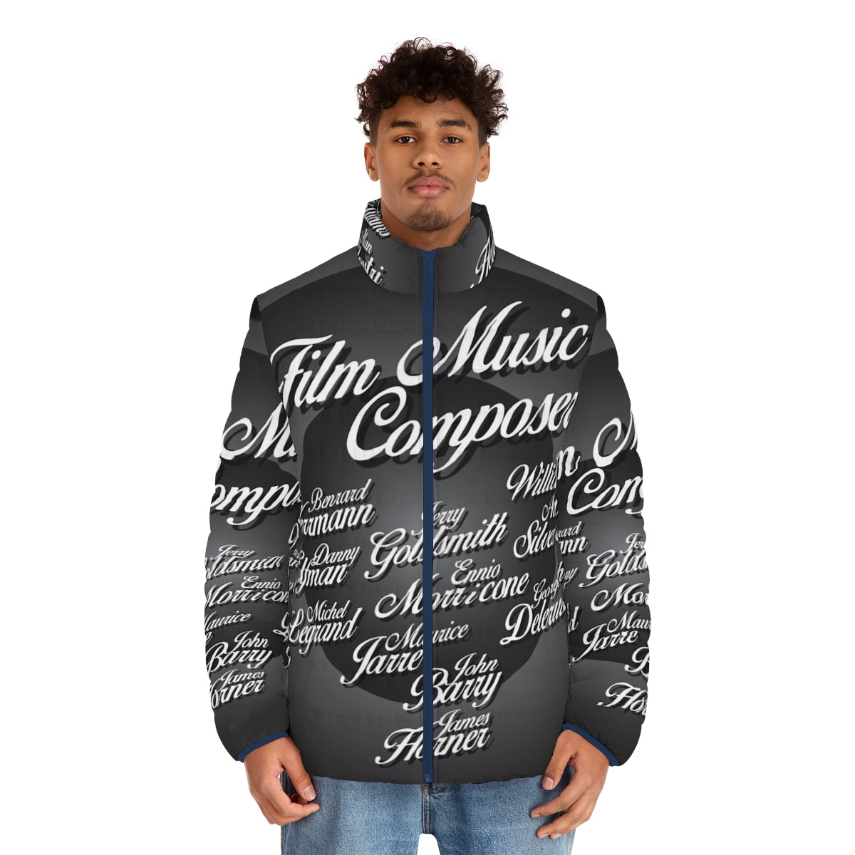 A puffer jacket featuring the names of iconic movie music composers. - men front