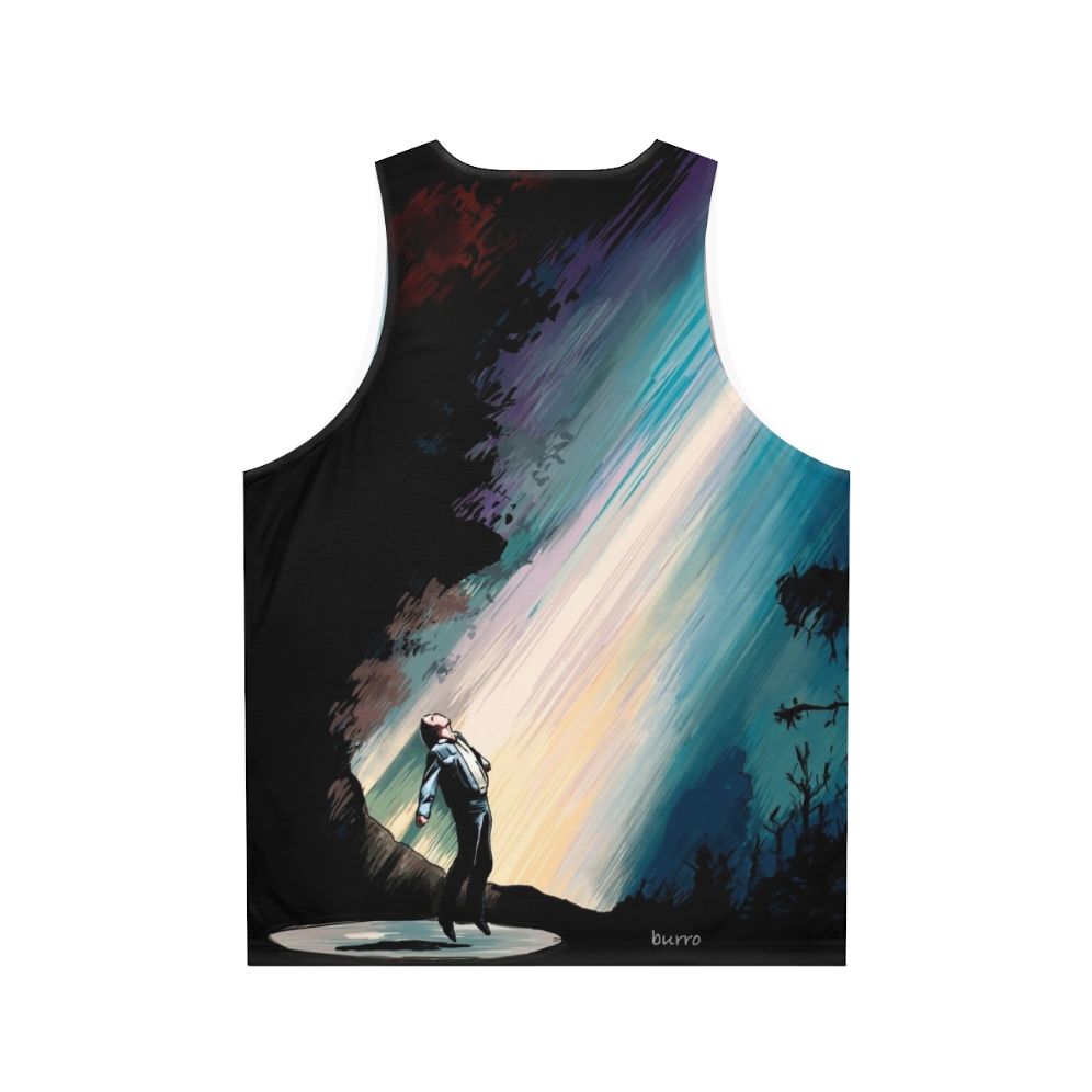 Vibrant sci-fi illustration of a fire in the sky with UFOs on a unisex tank top - Back