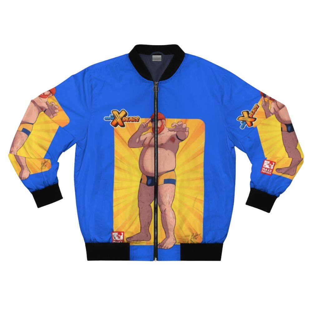 A colorful bomber jacket featuring a gay bear mutant design with LGBT pride elements.