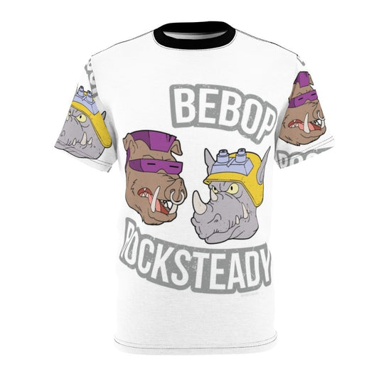 Bebop and Rocksteady inspired t-shirt design, featuring a retro 90s style with classic Teenage Mutant Ninja Turtles characters.