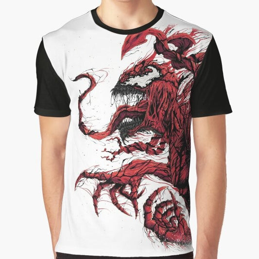 Red symbiote graphic t-shirt with comic book-inspired carnage spider design