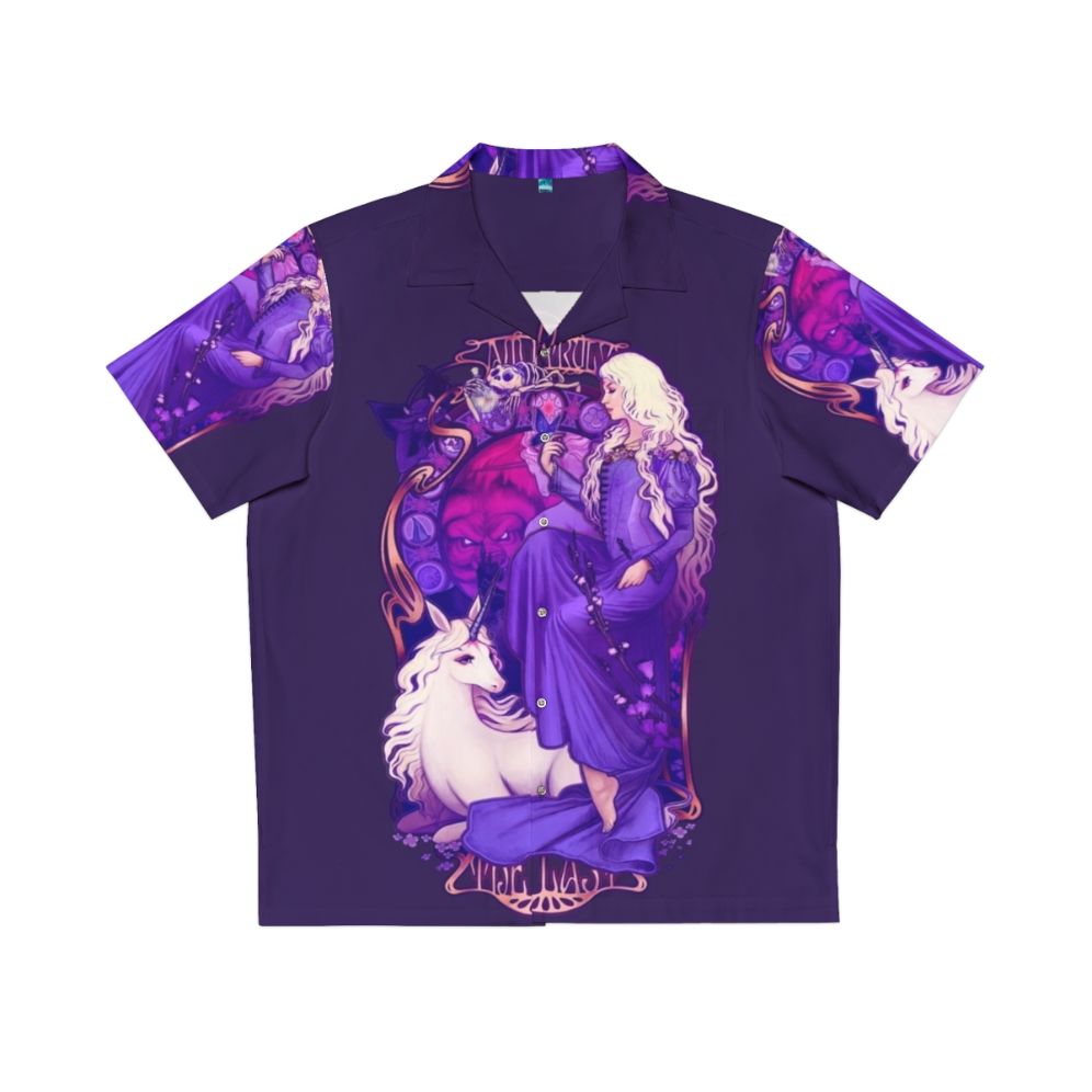 A vibrant Hawaiian shirt featuring the iconic imagery of the Last Unicorn