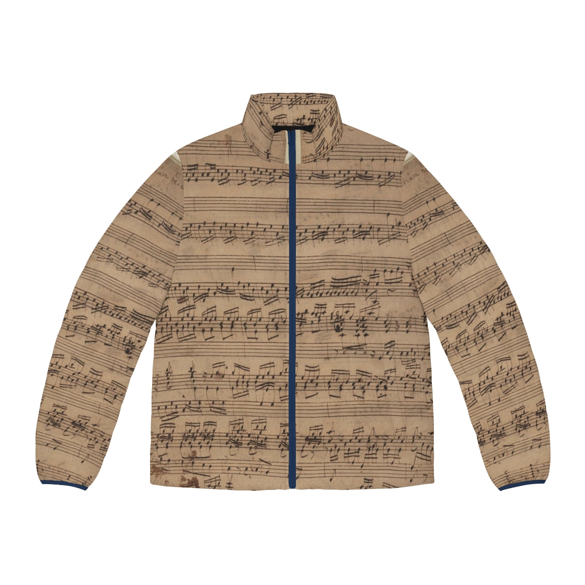 Puffer jacket featuring a musical score design with Bach's Baroque Praeludium notes