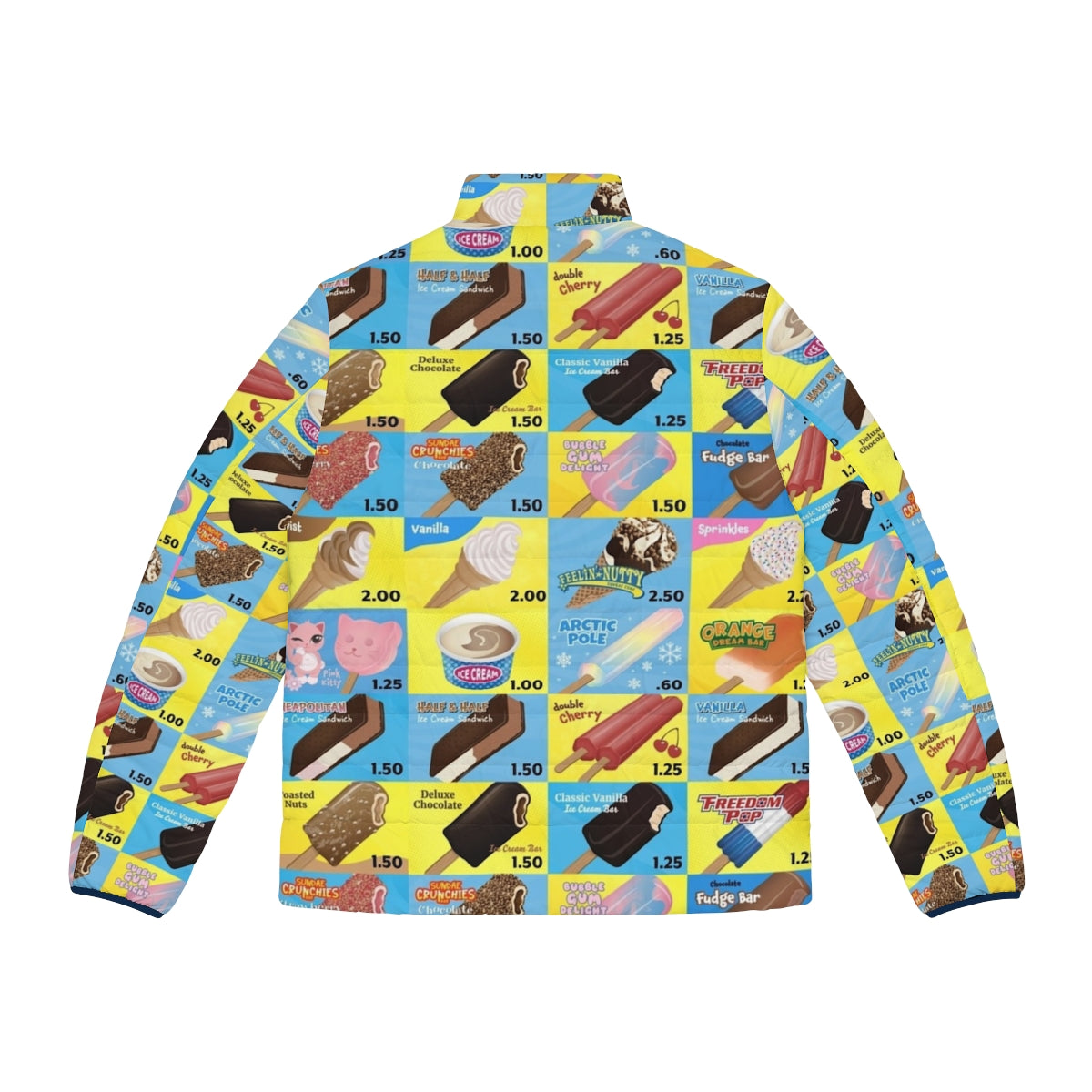 Puffer jacket featuring a vintage ice cream truck menu design with cones, sandwiches, and sprinkles - Back