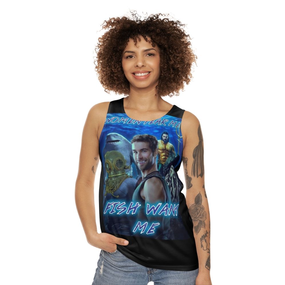 Women's unisex tank top with "Women Fear Me Fish Want Me" graphic - women