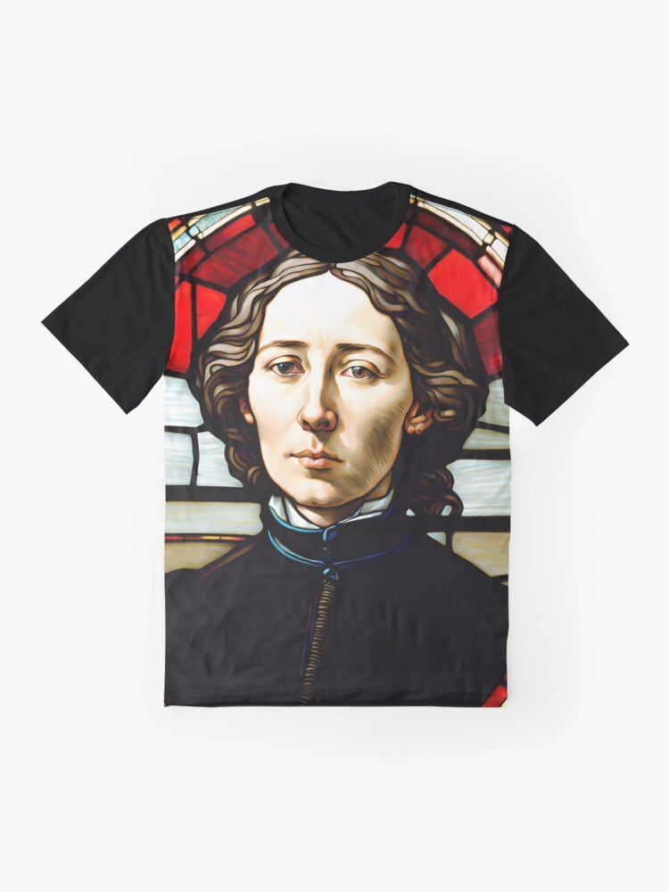 Graphic T-shirt featuring the portrait of Louise Michel, a prominent French anarchist and revolutionary - Flat lay