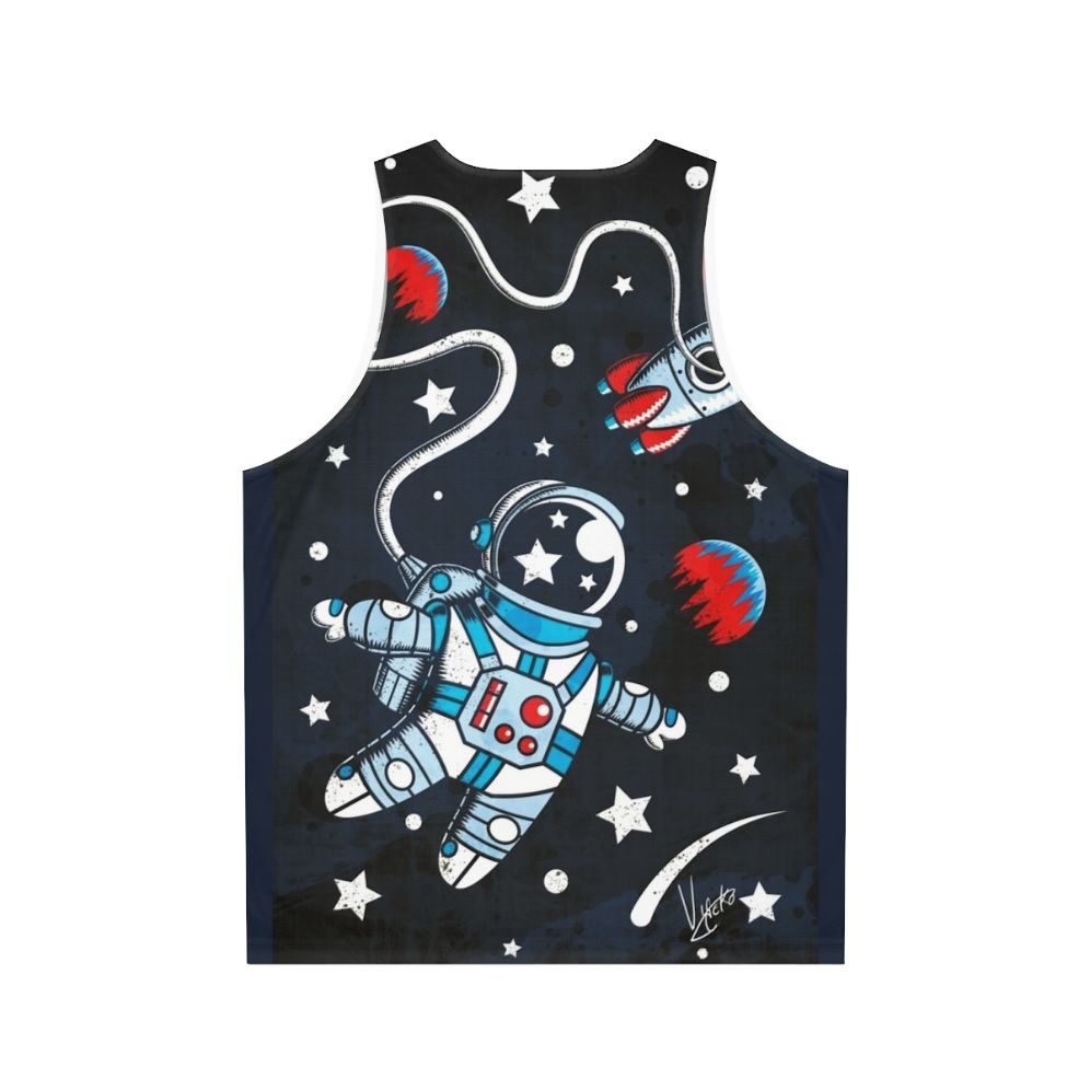 Space-themed unisex tank top with rocket ship and cosmic imagery - Back