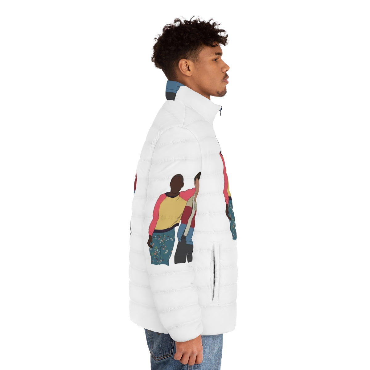 Vibrant illustration of Otis, Eric, and Maeve from the Netflix series Sex Education featured on a puffer jacket - men side right