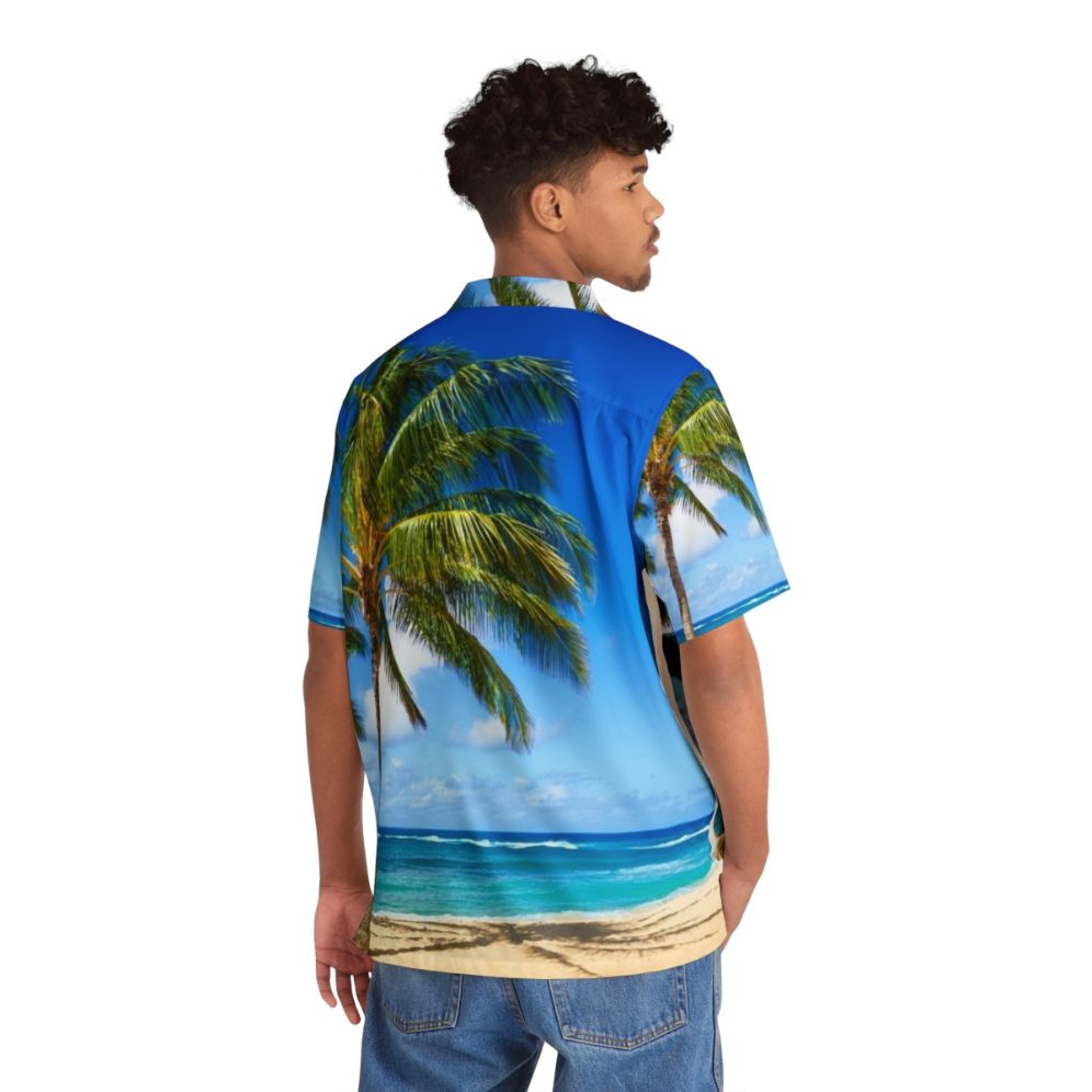 Tropical Hawaiian shirt with palm trees and sandy beach scene - People Back