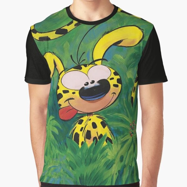 Marsupilami, the iconic comic book character, featured in a colorful and playful graphic t-shirt design.