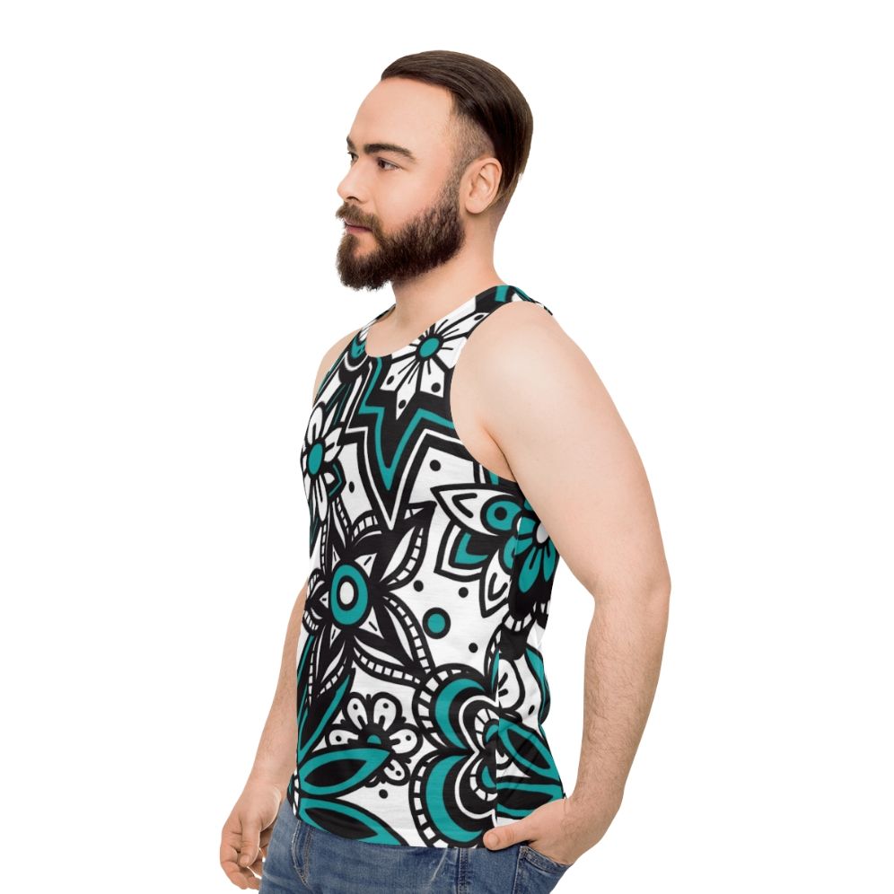 Teal and white floral print unisex tank top - men side