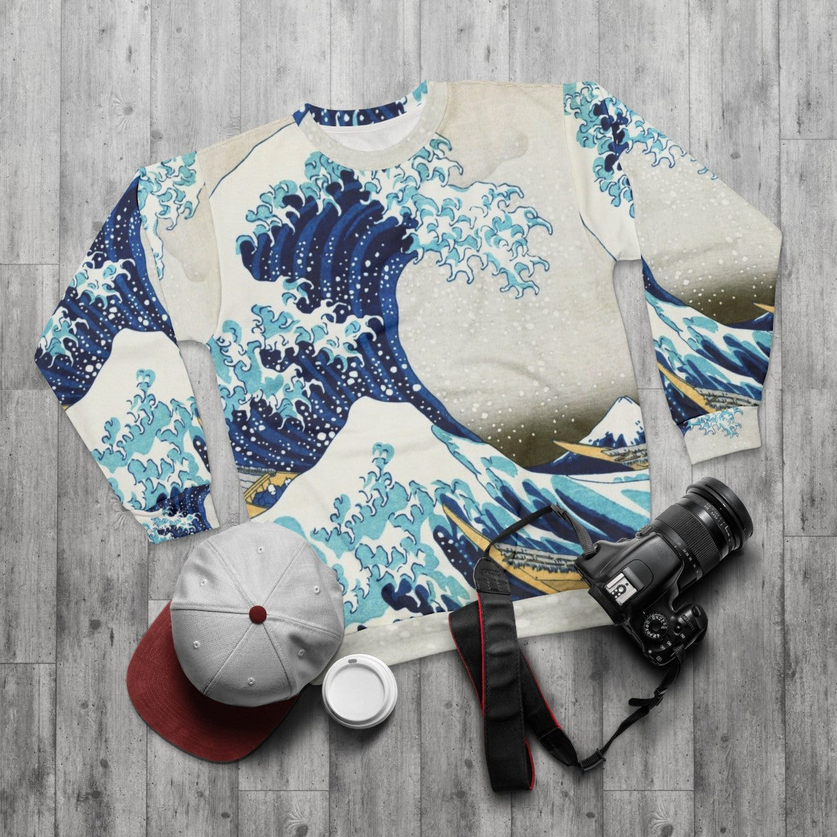 Vintage Ukiyo-e "The Great Wave of Kanagawa" Japanese Art Sweatshirt - flat lay