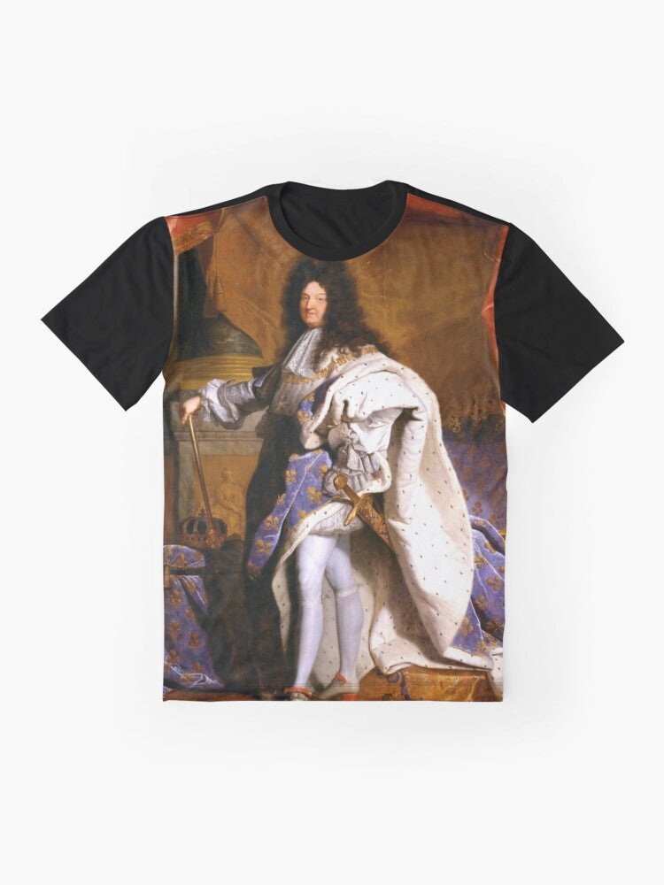 Hyacinth Rigaud painting of Louis XIV, the "King Sun" of France, featured on a graphic t-shirt - Flat lay