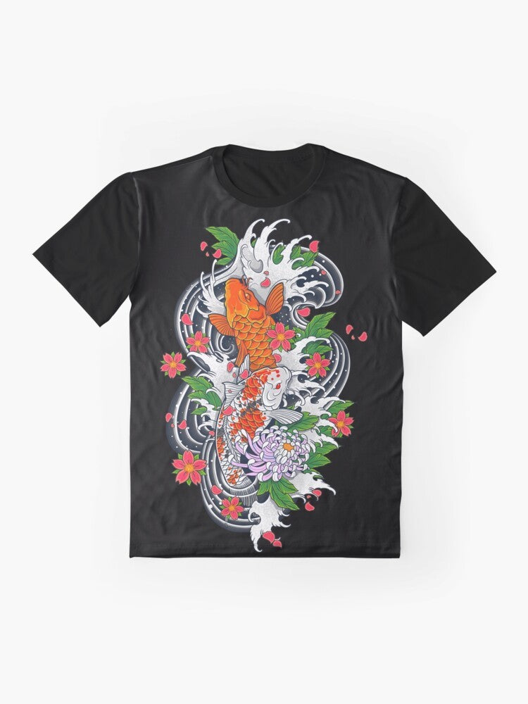 Artistic and unique koi fish pond graphic t-shirt with Japanese-inspired design - Flat lay