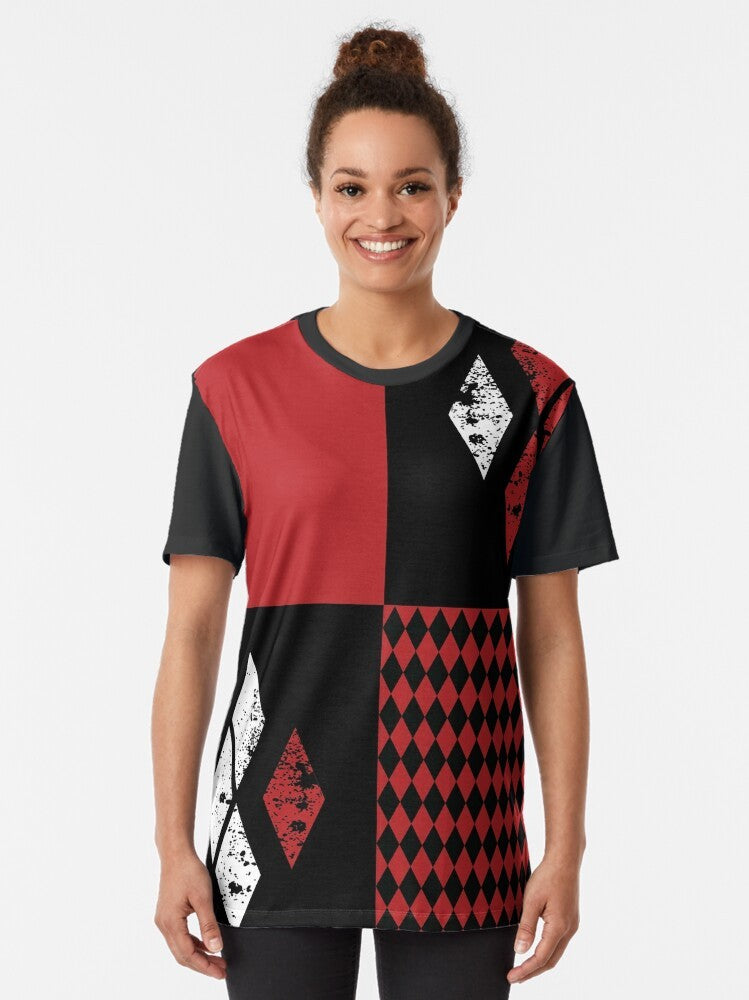 Harley Quinn inspired graphic t-shirt with diamonds design in red, white, and black colors - Women