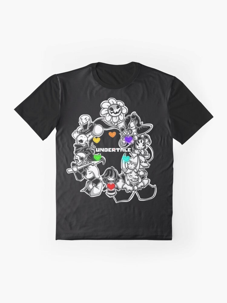 Minimalist Undertale video game t-shirt design featuring the characters Frisk, Sans, Papyrus, Flowey, and Toriel - Flat lay