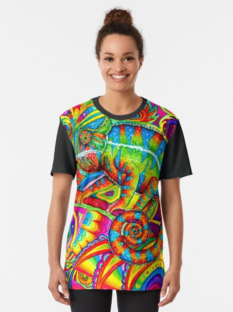 Colorful and vibrant psychedelic chameleon graphic on a t-shirt - Women