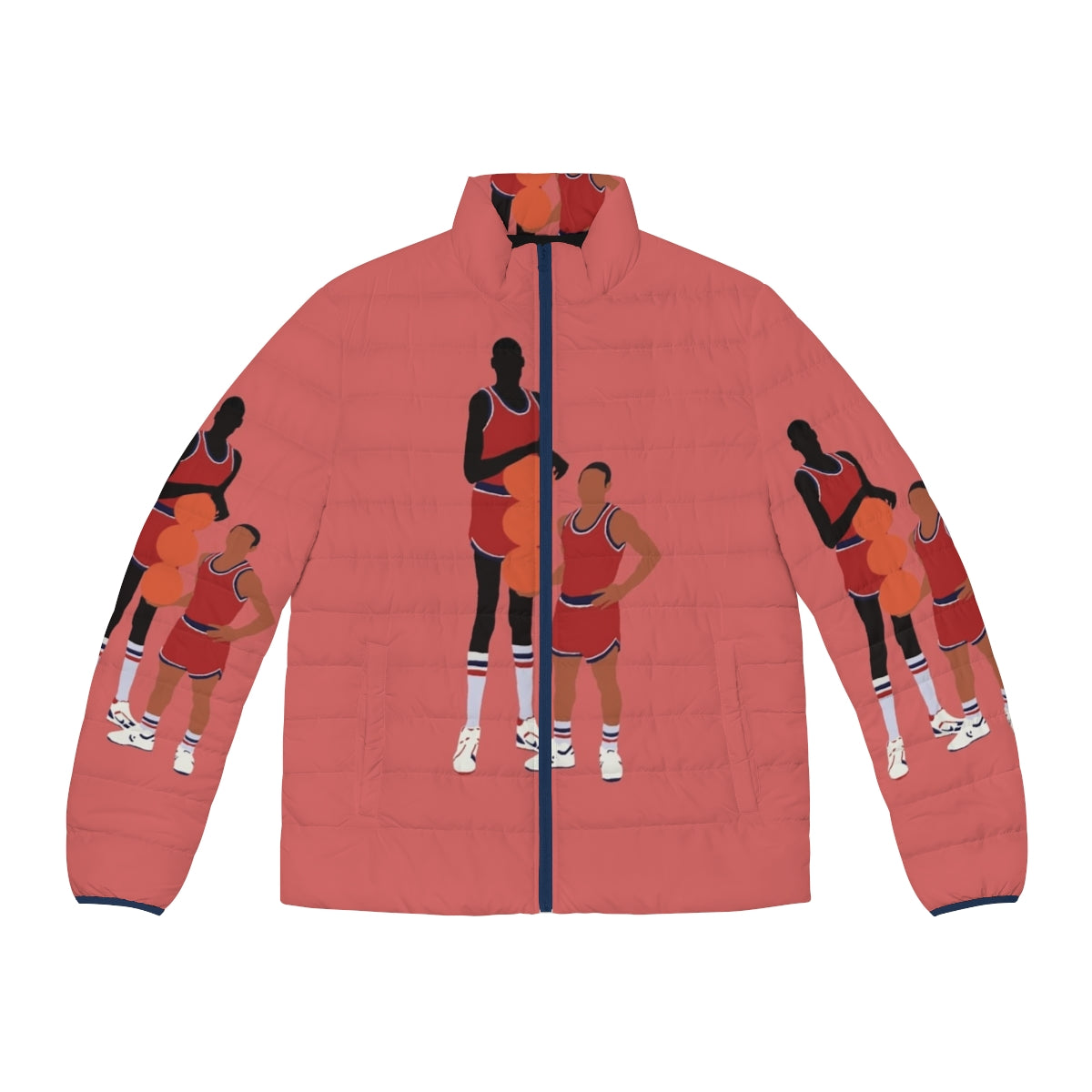 Manute Bol and Muggsy Bogues inspired puffer jacket with basketball art design