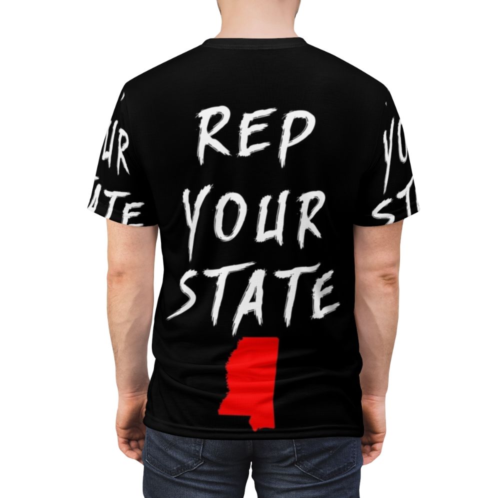 A vibrant all-over-print t-shirt featuring the state of Mississippi and a graphic design - men back