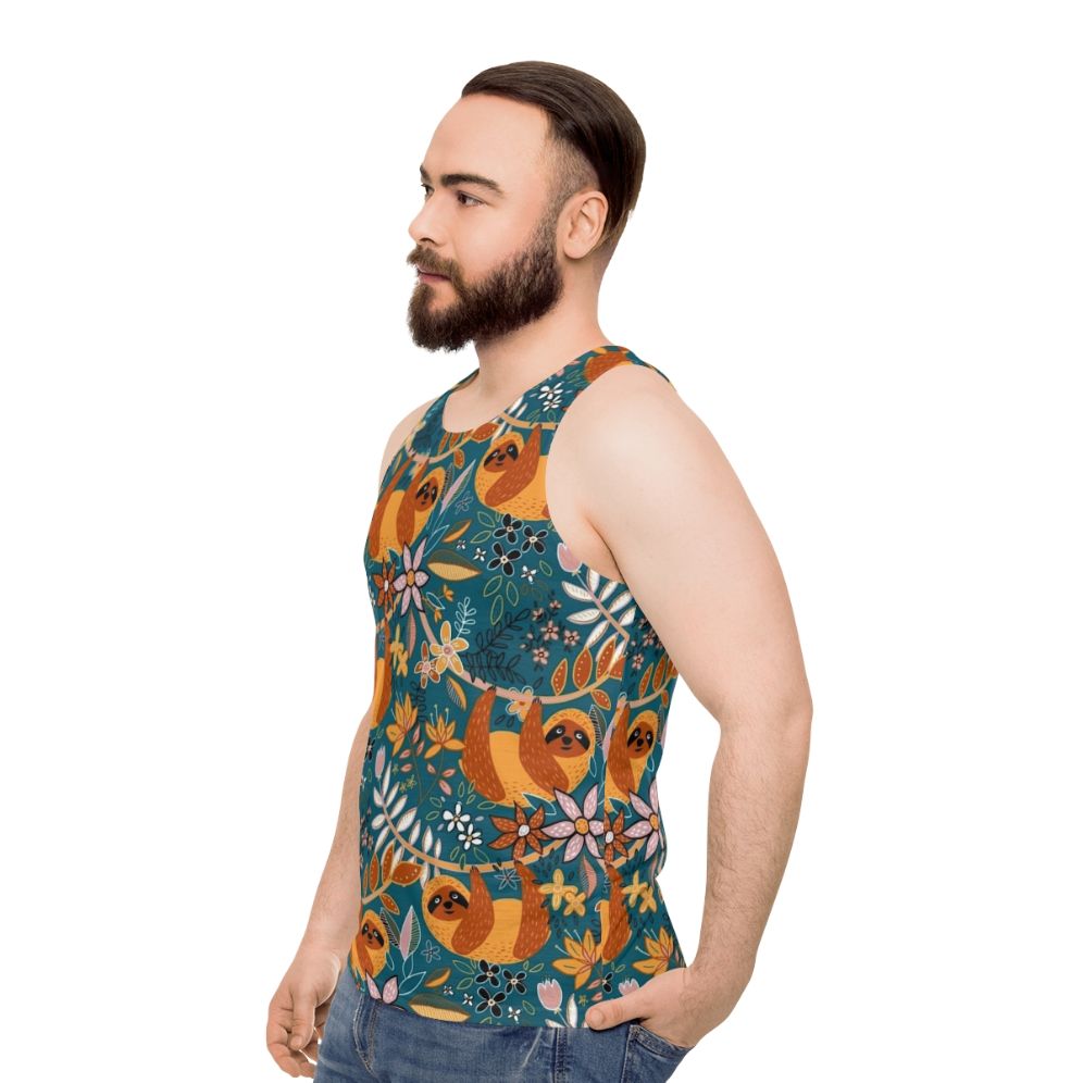 Boho sloth floral teal unisex tank top - men side