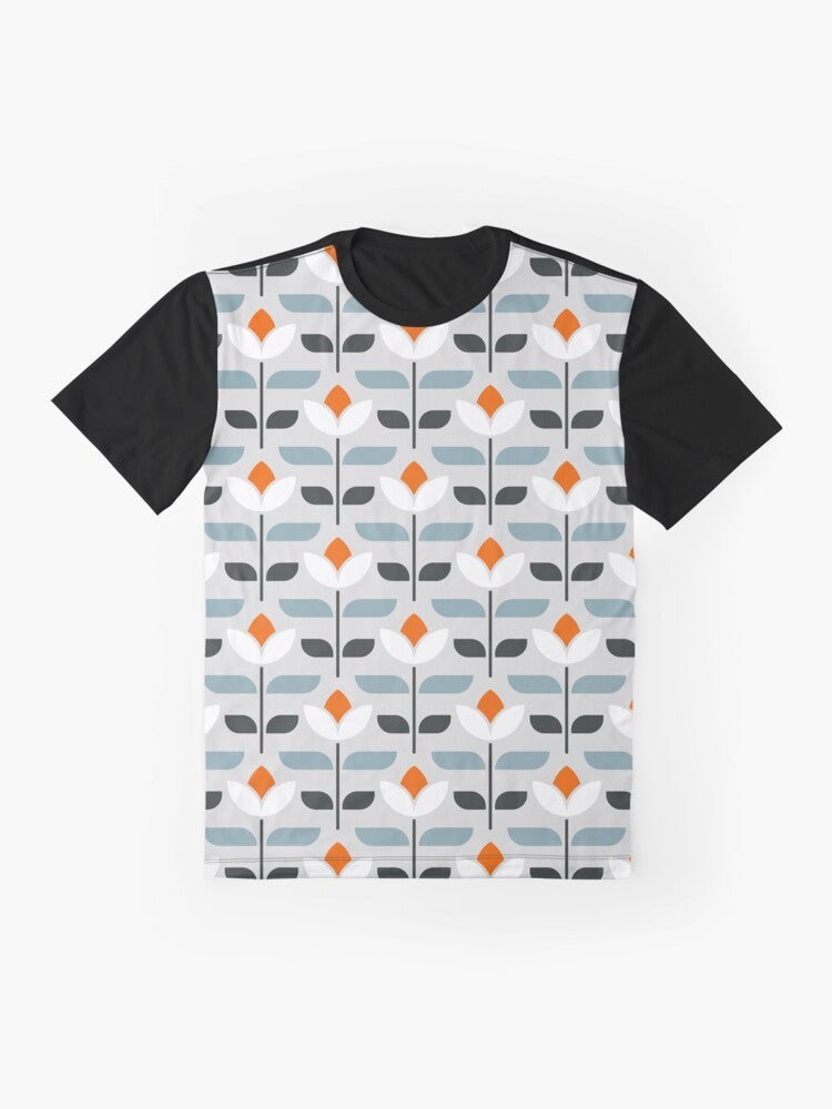 Minimalist vintage flowers 70s graphic design on a grey t-shirt. - Flat lay