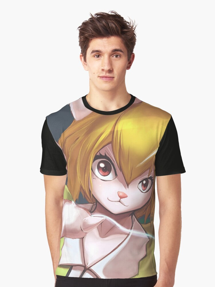 Carrot graphic design on a white t-shirt with anime-inspired girl, bunny, and mink elements. - Men