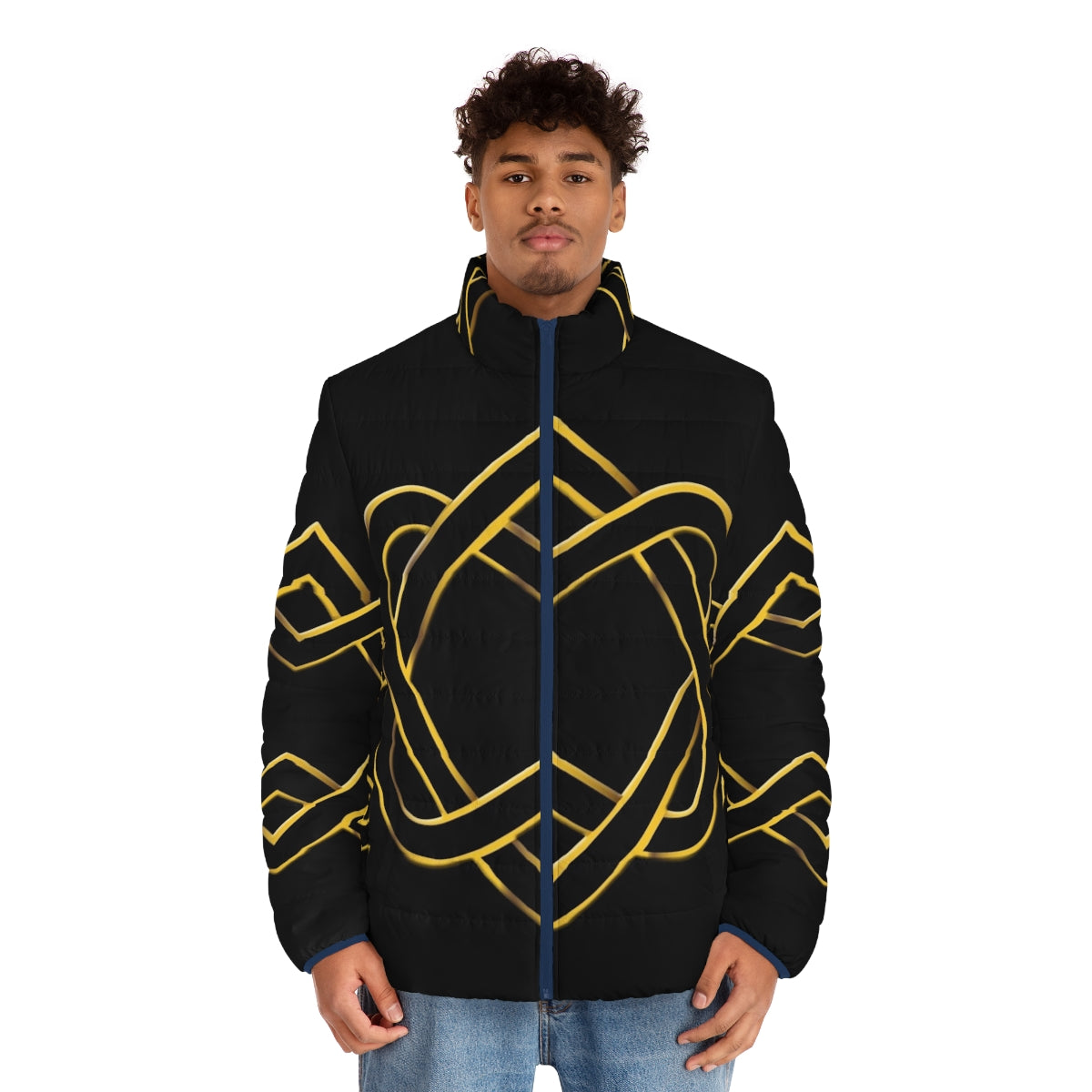 Puffer jacket with intricate Celtic knot designs in a heart shape - men front