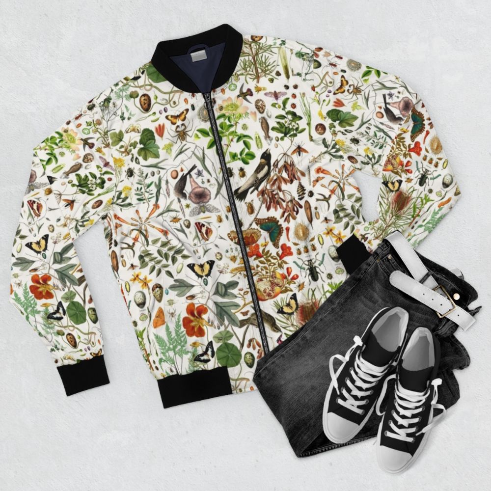 Vintage-style bomber jacket featuring a collage design of butterflies, birds, insects, and native Australian flora and fauna. - Flat lay
