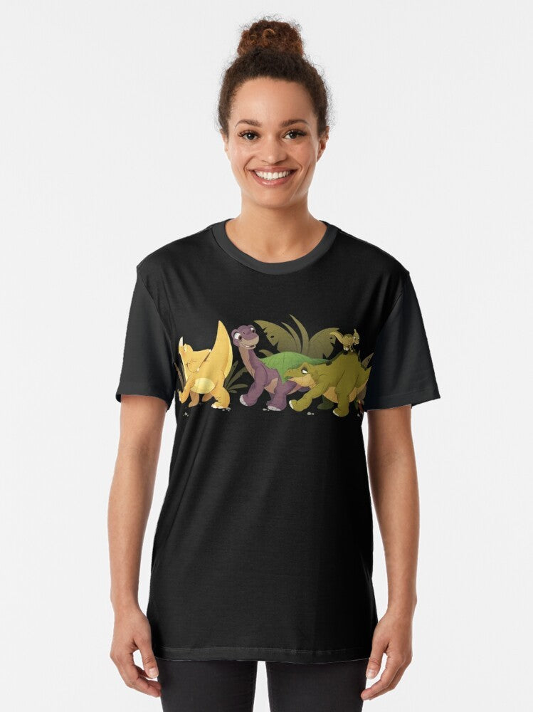 "The Land Before Time" dinosaur graphic t-shirt for kids featuring Littlefoot, Cera, Spike, Ducky, and Petrie - Women