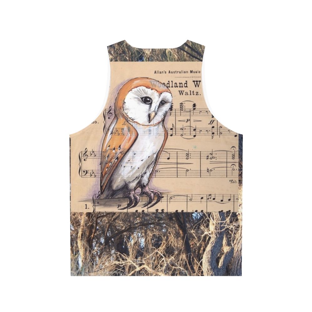 Barn owl perched on a tree branch with musical notes - Back