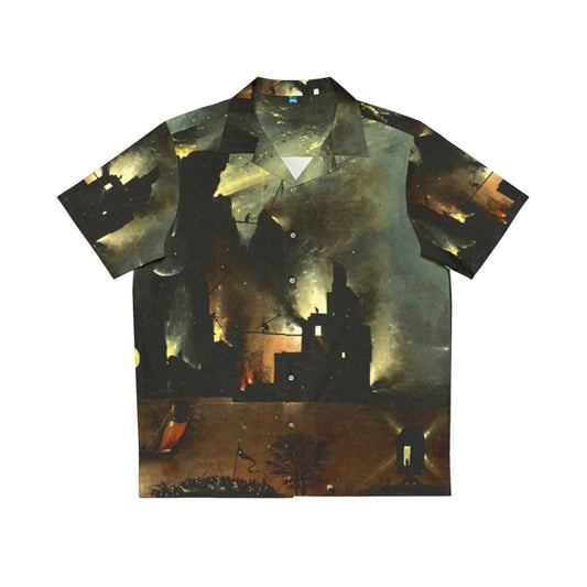 Hieronymus Bosch inspired Hawaiian shirt featuring surreal, medieval-style landscape