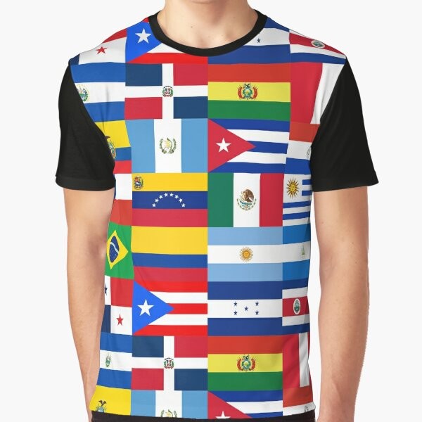 Flags of Latin America Graphic T-Shirt featuring the national flags of various Latin American countries