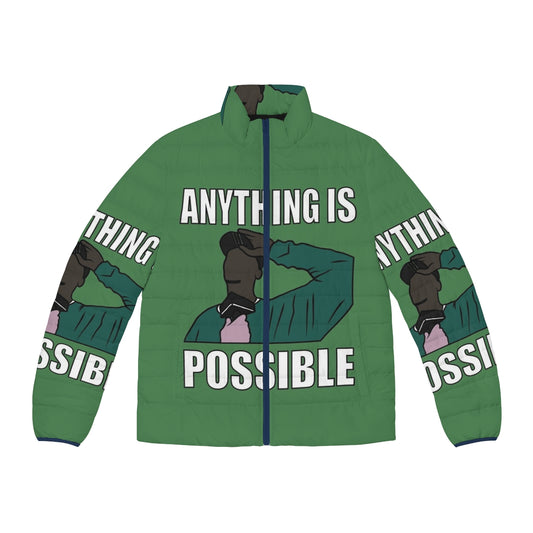 Kevin Garnett wearing a puffer jacket with "Anything Is Possible" printed on it