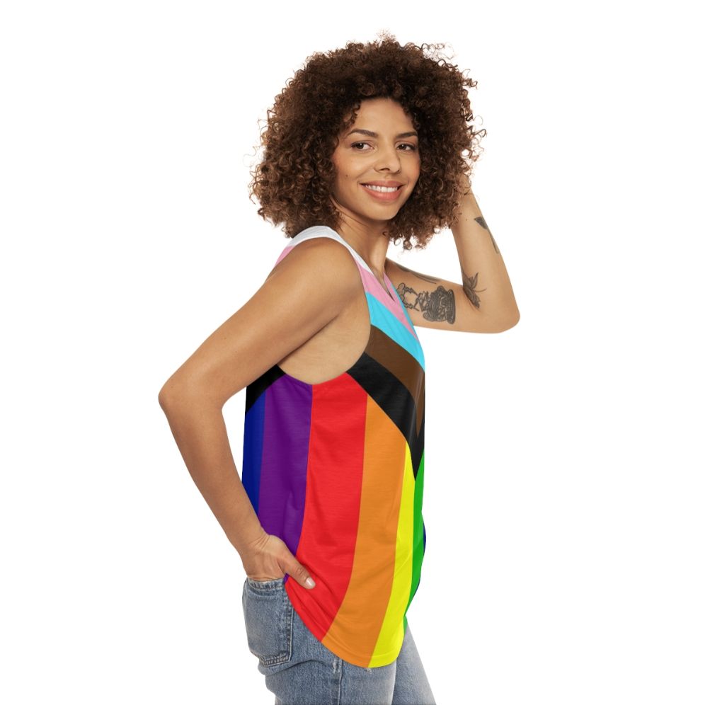 Unisex tank top with progressive rainbow pride flag - women side