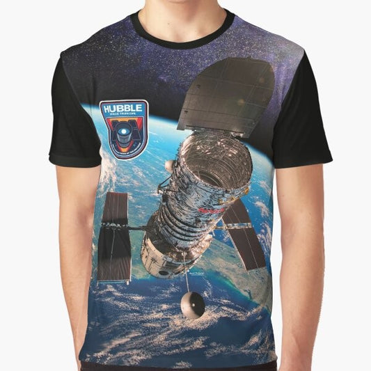 Graphic t-shirt featuring the Hubble Space Telescope and stunning space imagery