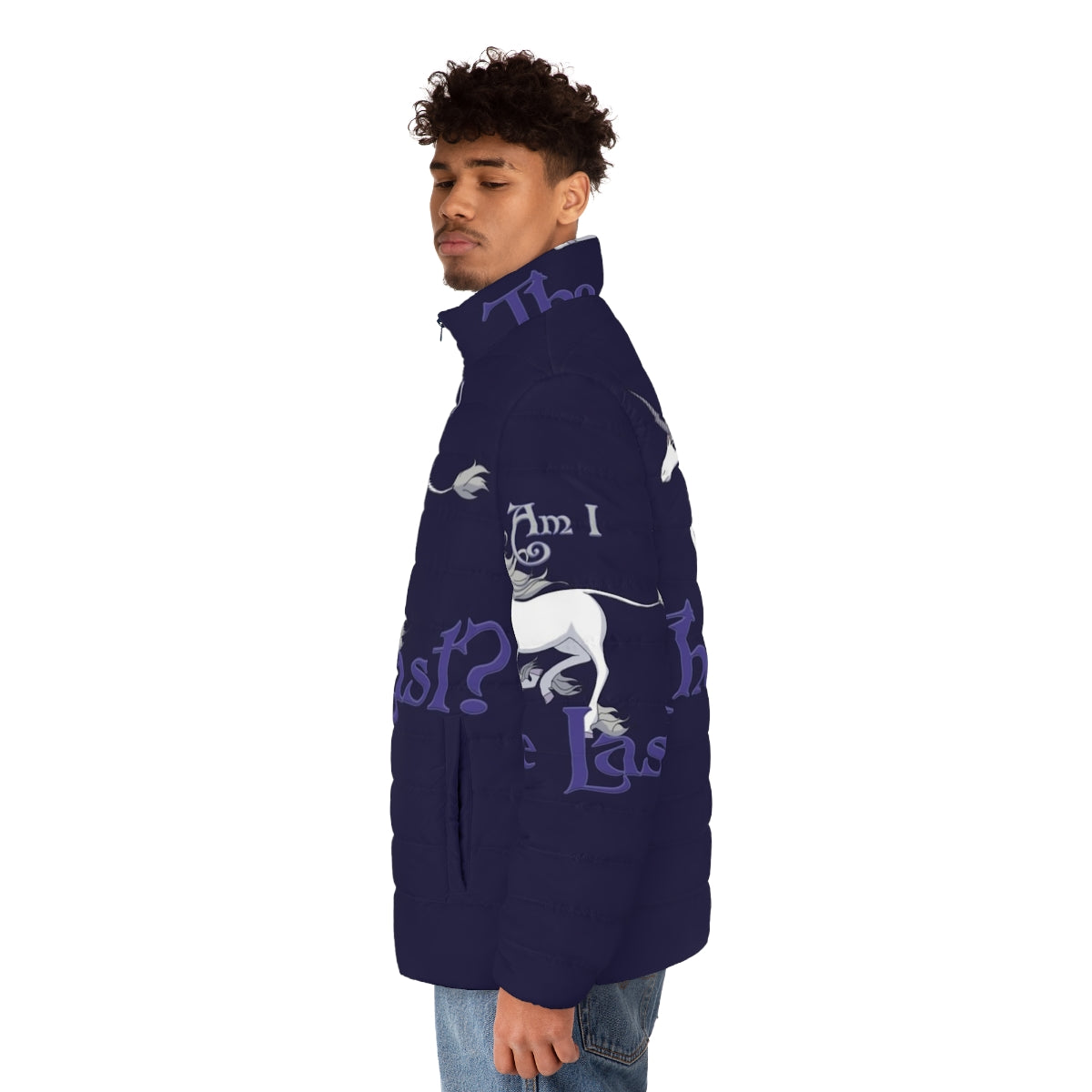 A puffer jacket with a unicorn design, perfect for running and keeping warm during the winter. - men side left