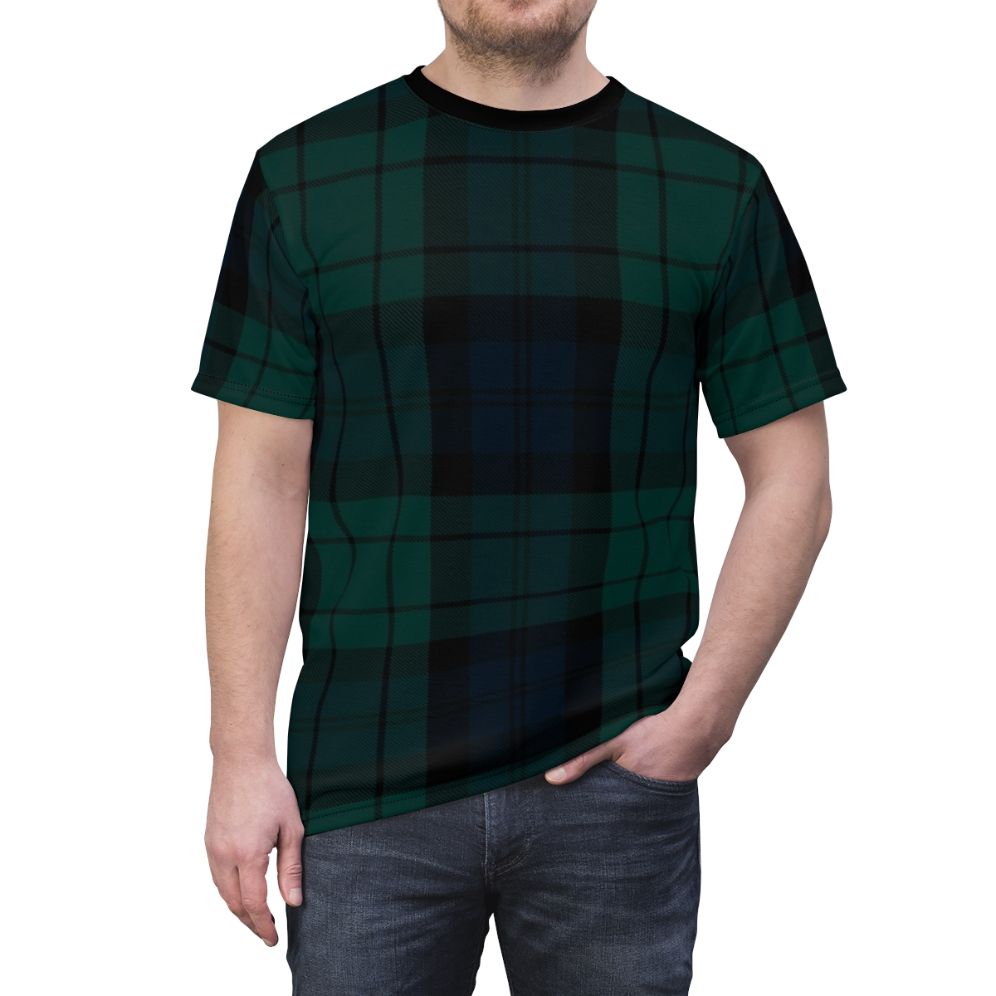 Stylish t-shirt featuring the iconic Black Watch tartan pattern, a celebrated Scottish clan design. - men front