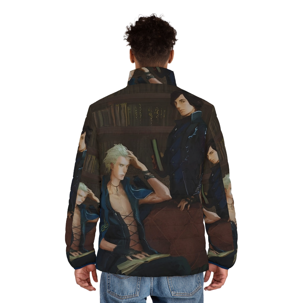 Devil May Cry Painting Puffer Jacket featuring characters Dante, Vergil, and Nero - men back