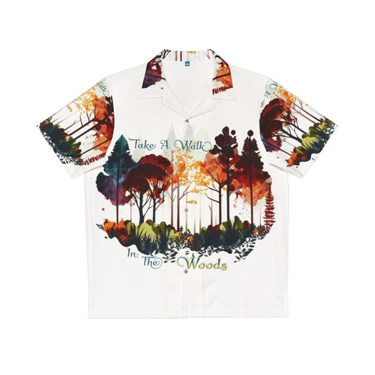 Colorful Hawaiian shirt with nature-inspired design, perfect for walking in the woods