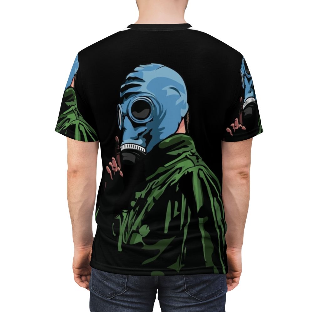 Striking comic-style illustration featuring horror movie references on a black t-shirt - men back