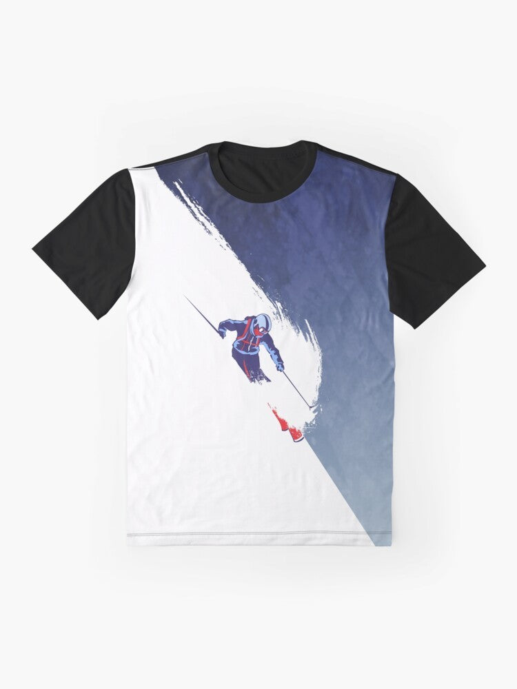 Vintage-style graphic t-shirt featuring a "Powder to the People" slogan design with a skiing illustration, snowflakes, and a retro sports aesthetic. - Flat lay