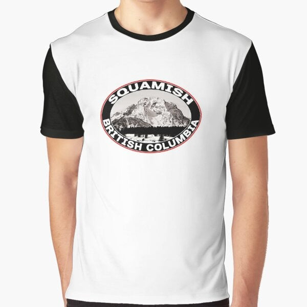 Graphic t-shirt design featuring the mountains and lake of Squamish, British Columbia, Canada