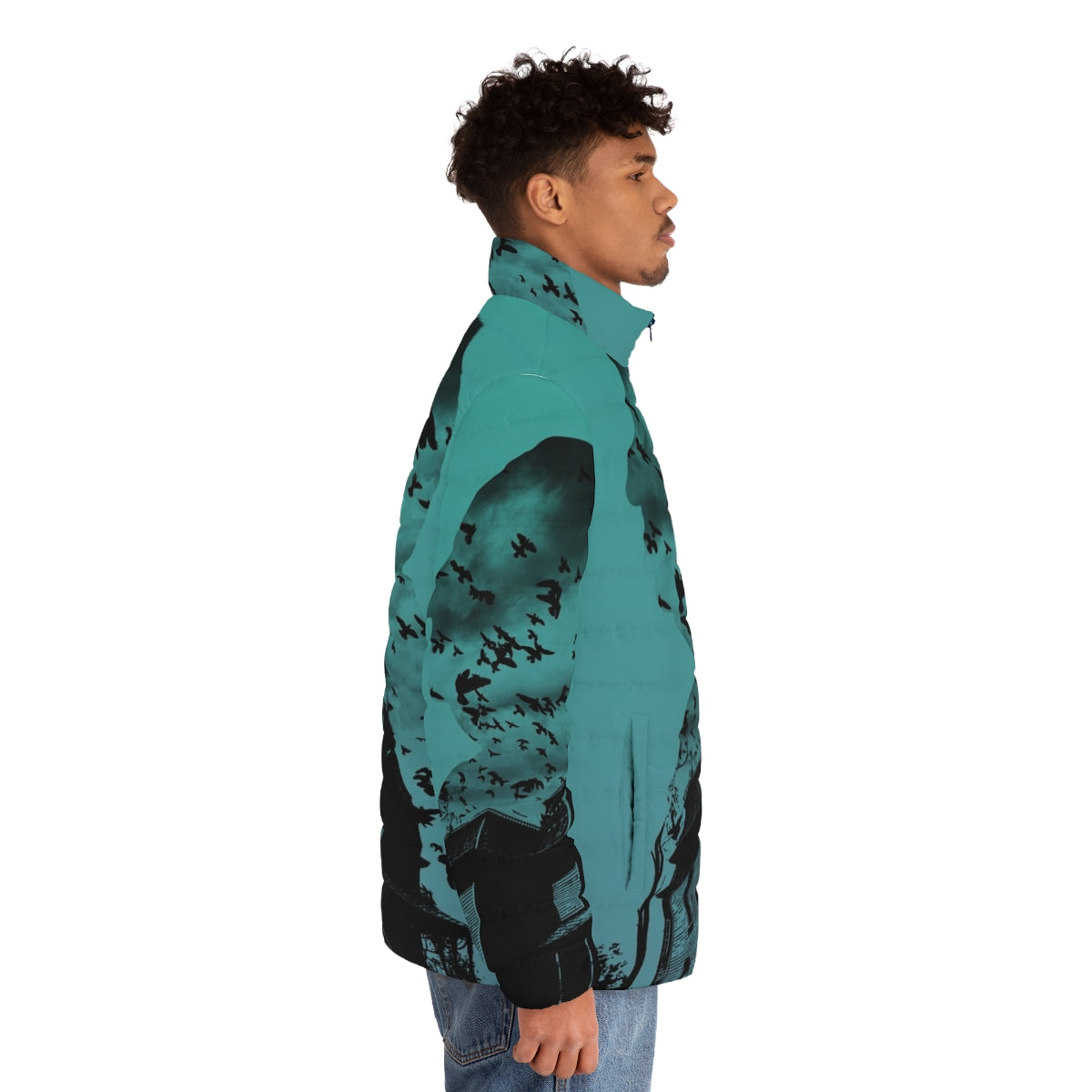 Alfred Hitchcock inspired gradient puffer jacket with collage design - men side right