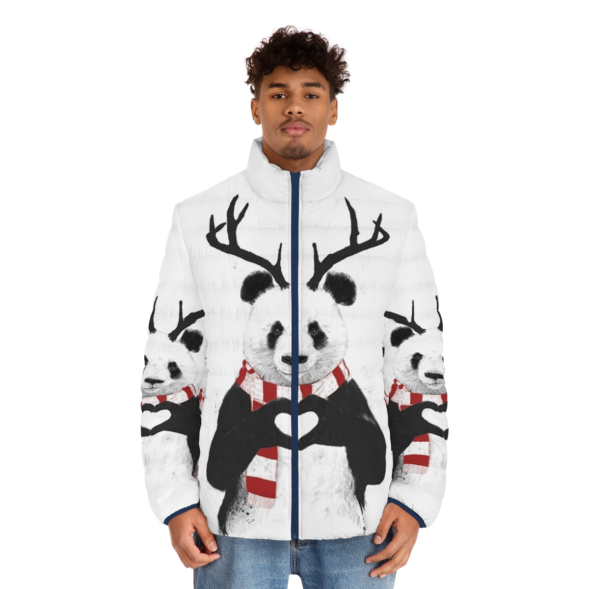 Panda wearing a cozy puffer jacket with antlers, illustration by Balazs Solti - men front