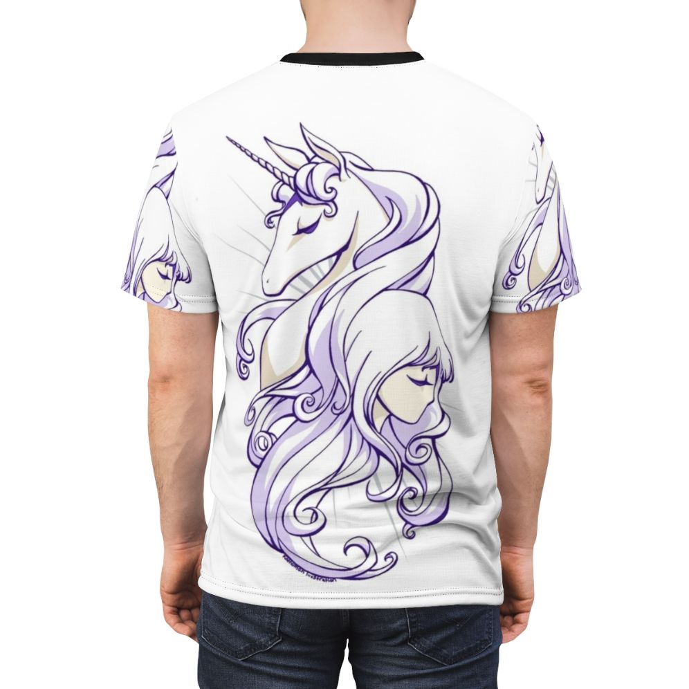 Magical fantasy unicorn artwork on a high-quality t-shirt, inspired by the beloved film The Last Unicorn. - men back