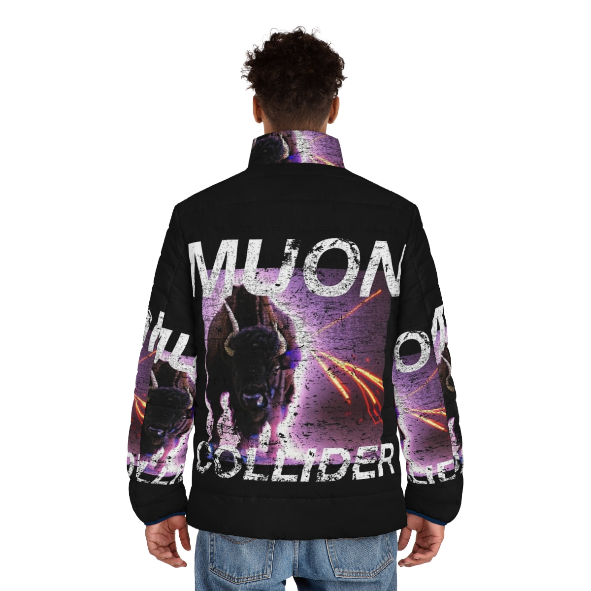 Muon Collider inspired retro puffer jacket with vintage physics t-shirt design - men back