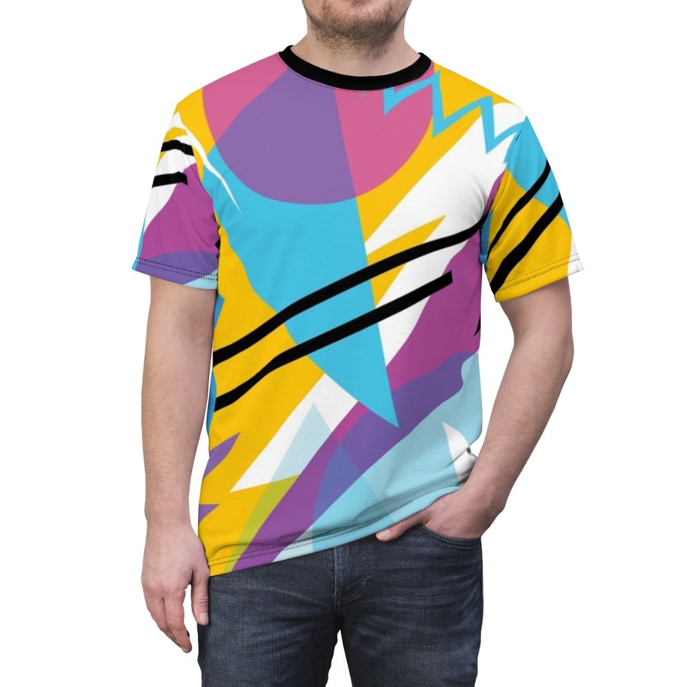 Retro 1980s style patterned t-shirt with a vibrant and radical 80s inspired design - men front